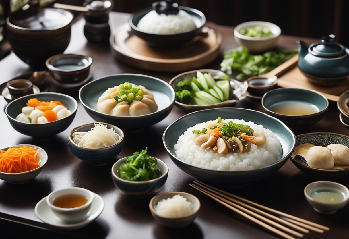 A table set with steaming bowls of congee, savory buns, and fragrant tea, surrounded by chopsticks and small dishes of pickled vegetables