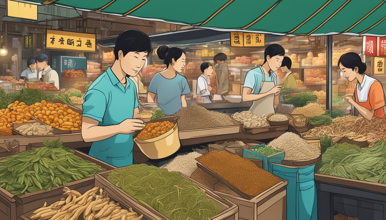 A bustling market stall displays various forms of Korean ginseng, with vibrant signage advertising its benefits in Singapore