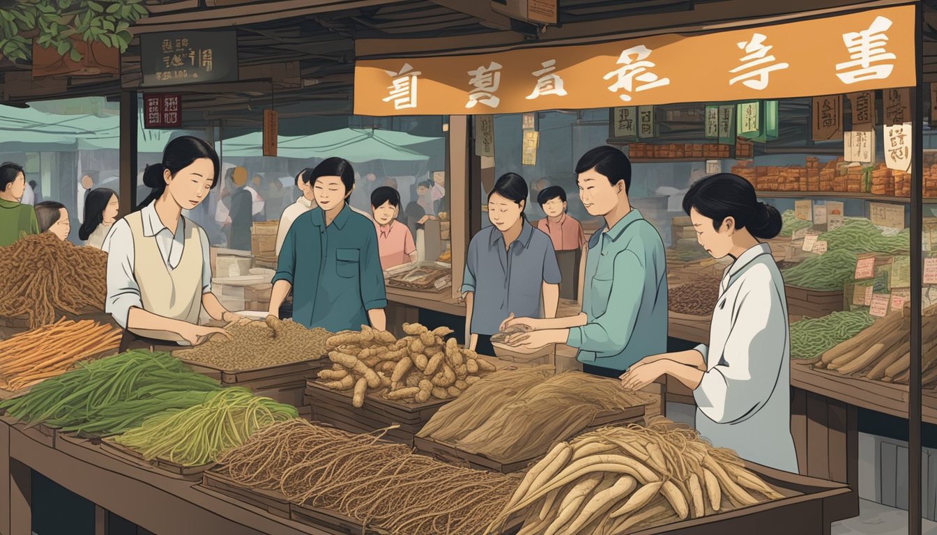 A bustling market stall in Singapore displays various forms of Korean ginseng, with a sign prominently advertising "Where to Purchase Korean Ginseng."