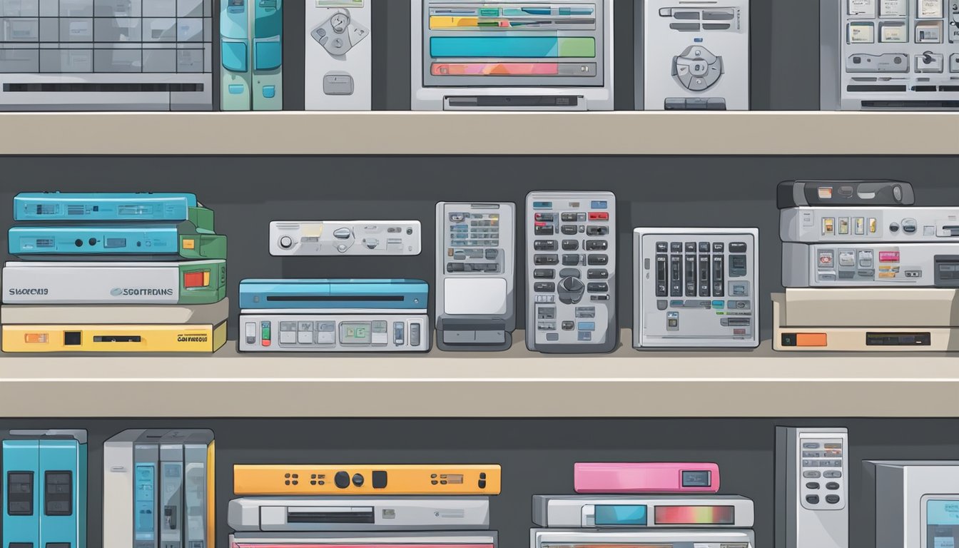 A hand reaches for a remote control on a shelf in a Singaporean electronics store. The shelves are filled with various remote controls for air conditioners