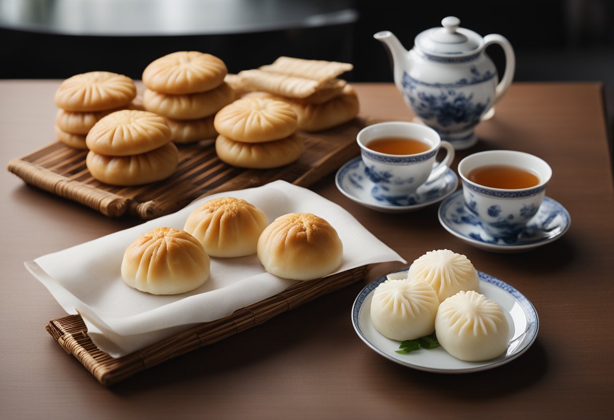 A table set with steamed buns, congee, fried dough sticks, and tea
