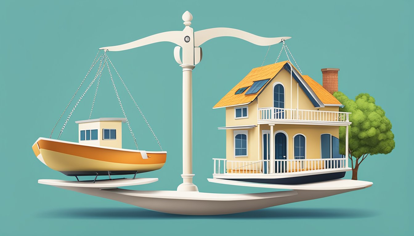 A scale with "Fixed" and "Floating" labels. A house on one side and a boat on the other, symbolizing the choice between home loan interest rates