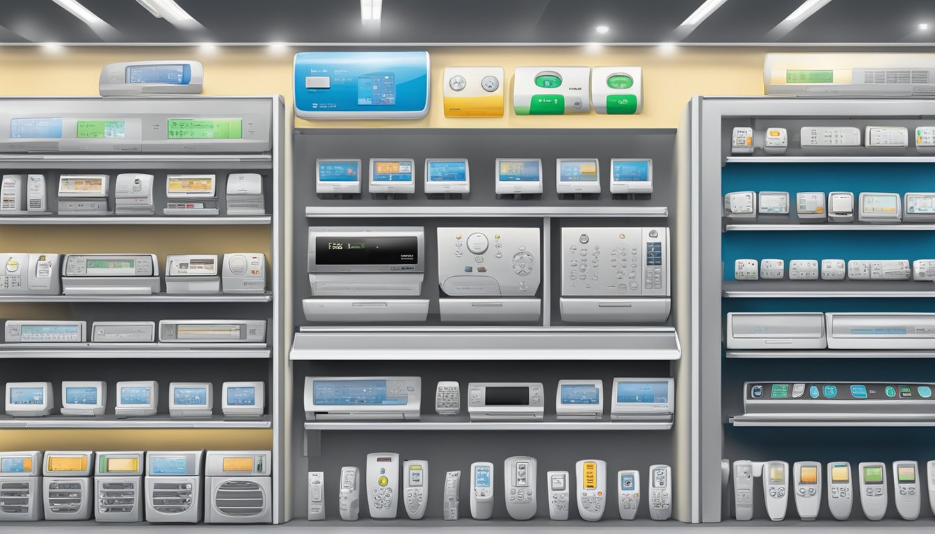 A display of aircon remote controls in a Singaporean electronics store