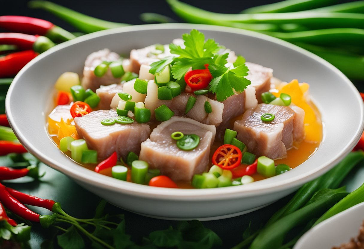 A steaming bowl of Chinese pork aspic surrounded by vibrant green scallions and red chili peppers