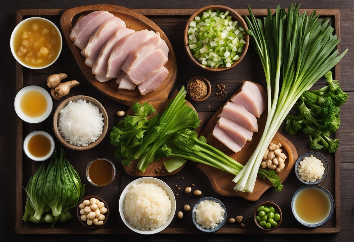 A table with various ingredients: pork, gelatin, soy sauce, vinegar, ginger, and green onions. Possible substitutions like chicken or tofu are also displayed