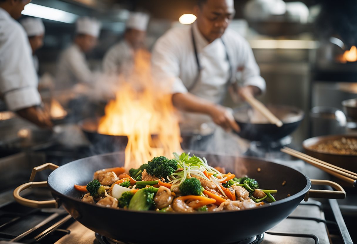 A wok sizzles over a flame as a chef uses chopsticks to stir fry ingredients. Nearby, a bamboo steamer releases steam, and a mortar and pestle sits on the counter