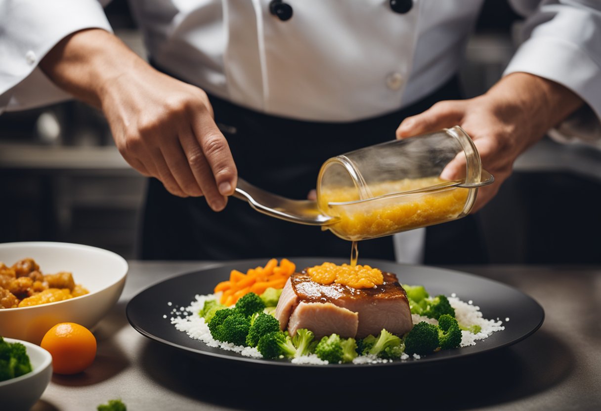 A chef pours gelatin mixture over cooked pork and vegetables in a mold