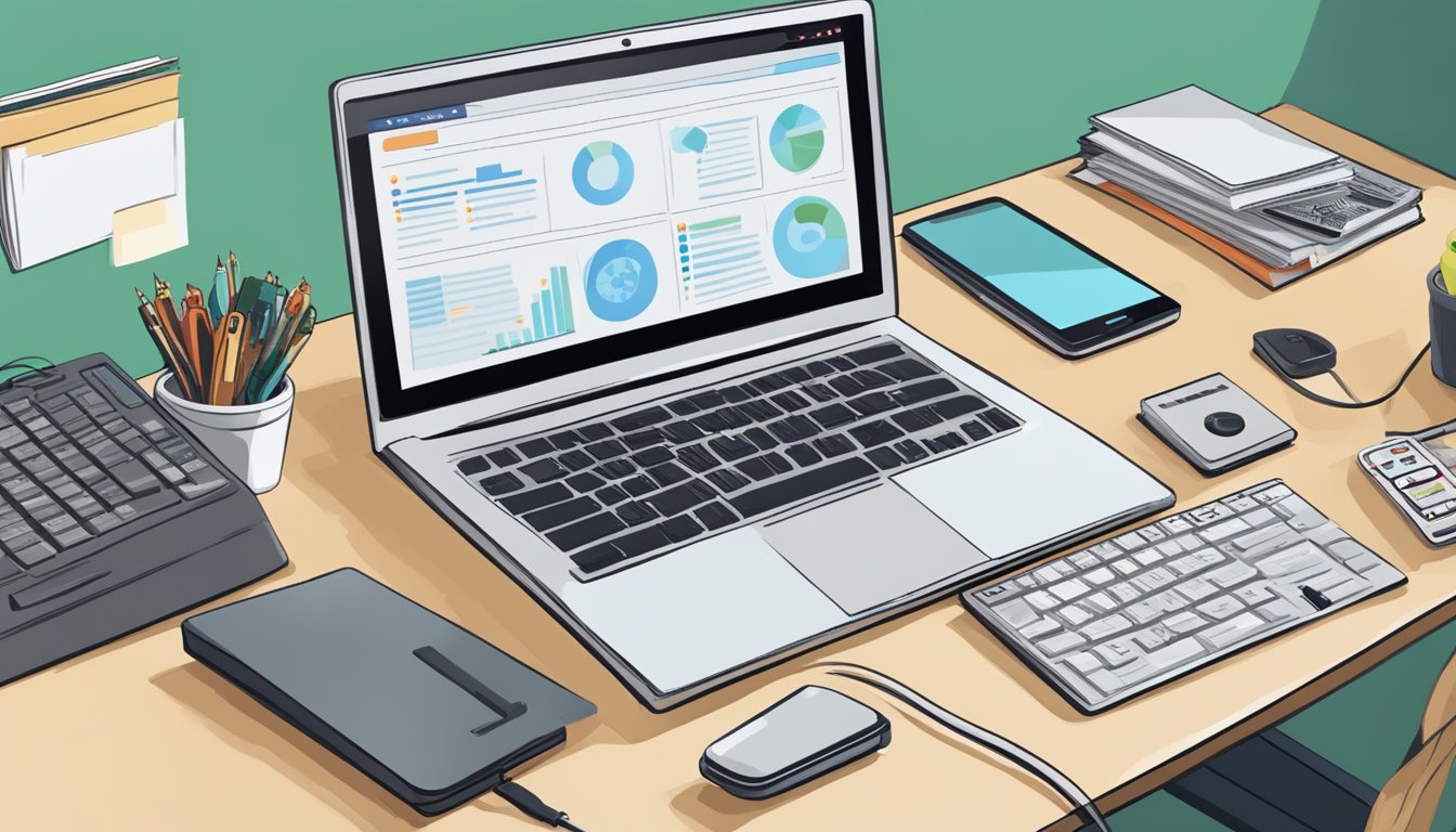 A cluttered desk with a laptop, a stack of papers, and a remote control. A sign reading "Frequently Asked Questions: Where to buy aircon remote control in Singapore" is visible