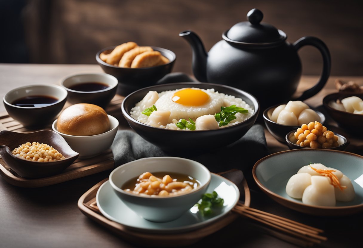 A table set with traditional Chinese breakfast dishes, including congee, steamed buns, and fried dough sticks. Teapot and small bowls of soy sauce and vinegar on the side