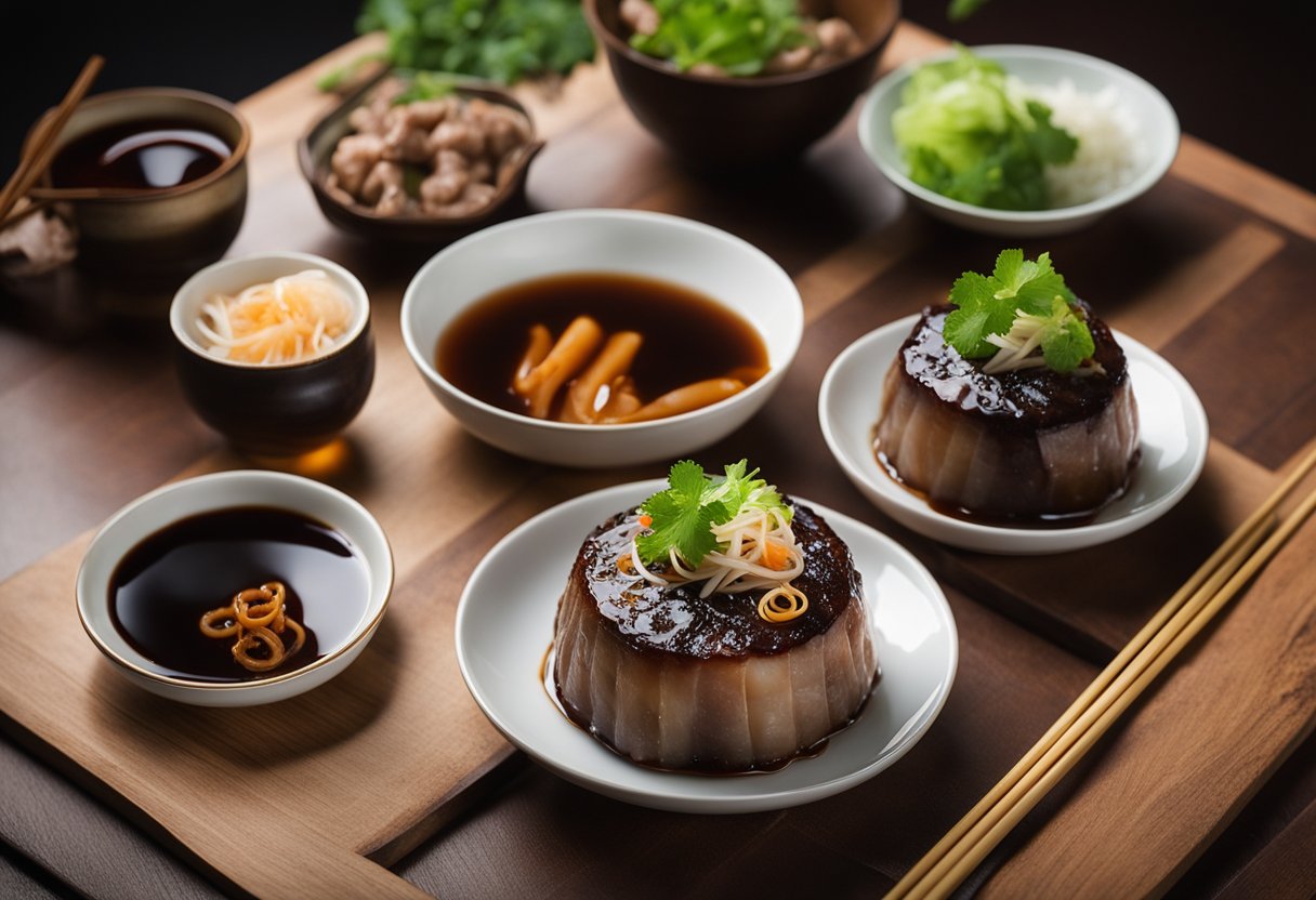 A table set with a steaming dish of Chinese pork aspic, surrounded by chopsticks, and a bowl of soy sauce