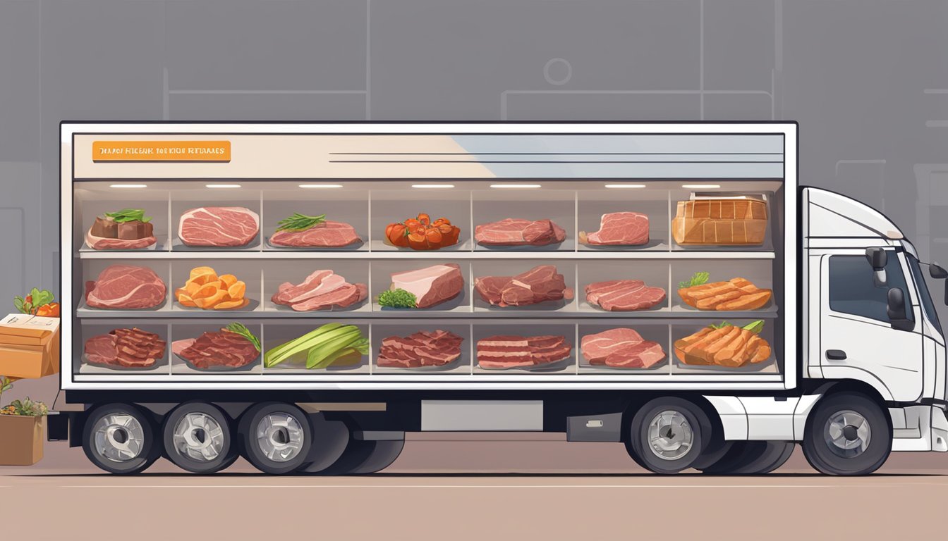 A computer screen displaying a website with various cuts of meat available for purchase, with a delivery truck in the background