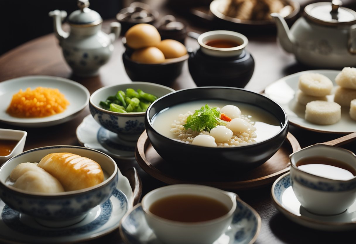 A table set with traditional Chinese breakfast dishes, including congee, steamed buns, and pickled vegetables, with a pot of hot tea