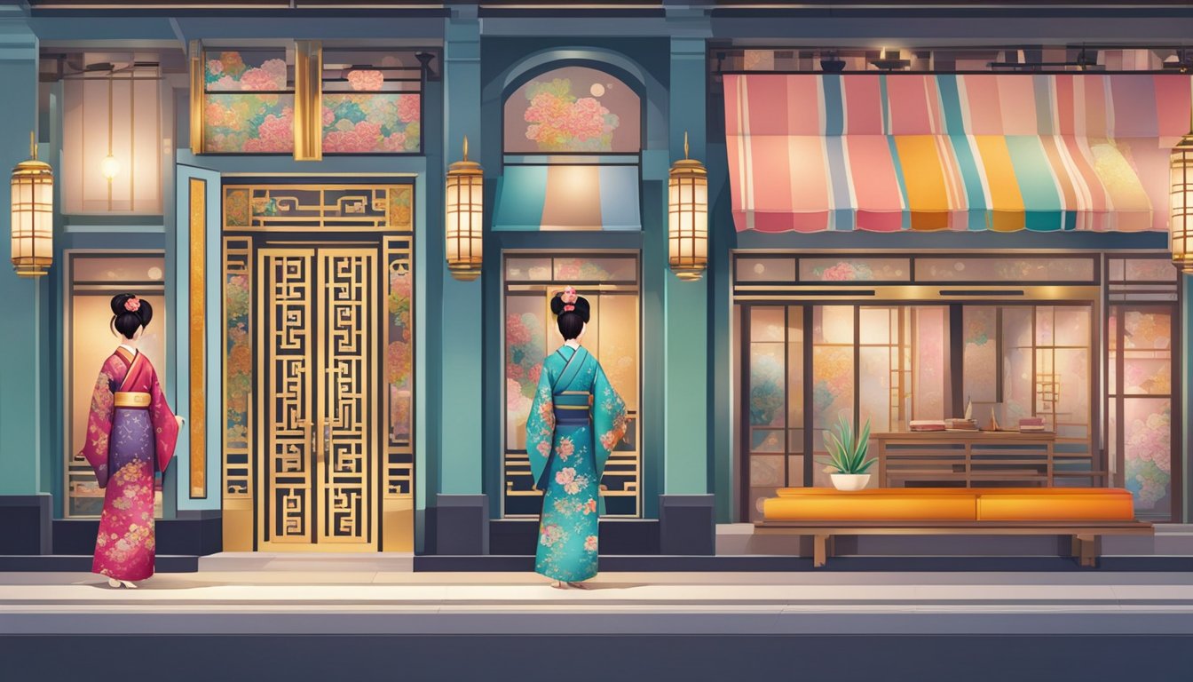 Colorful kimono displayed in elegant Singaporean storefronts, with intricate patterns and luxurious fabrics. Bright lights highlight the exquisite craftsmanship