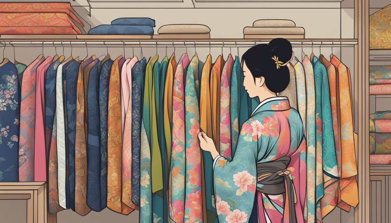 A woman carefully selects a traditional kimono from a rack in a boutique in Singapore. The colorful fabrics and intricate designs catch her eye as she considers her options