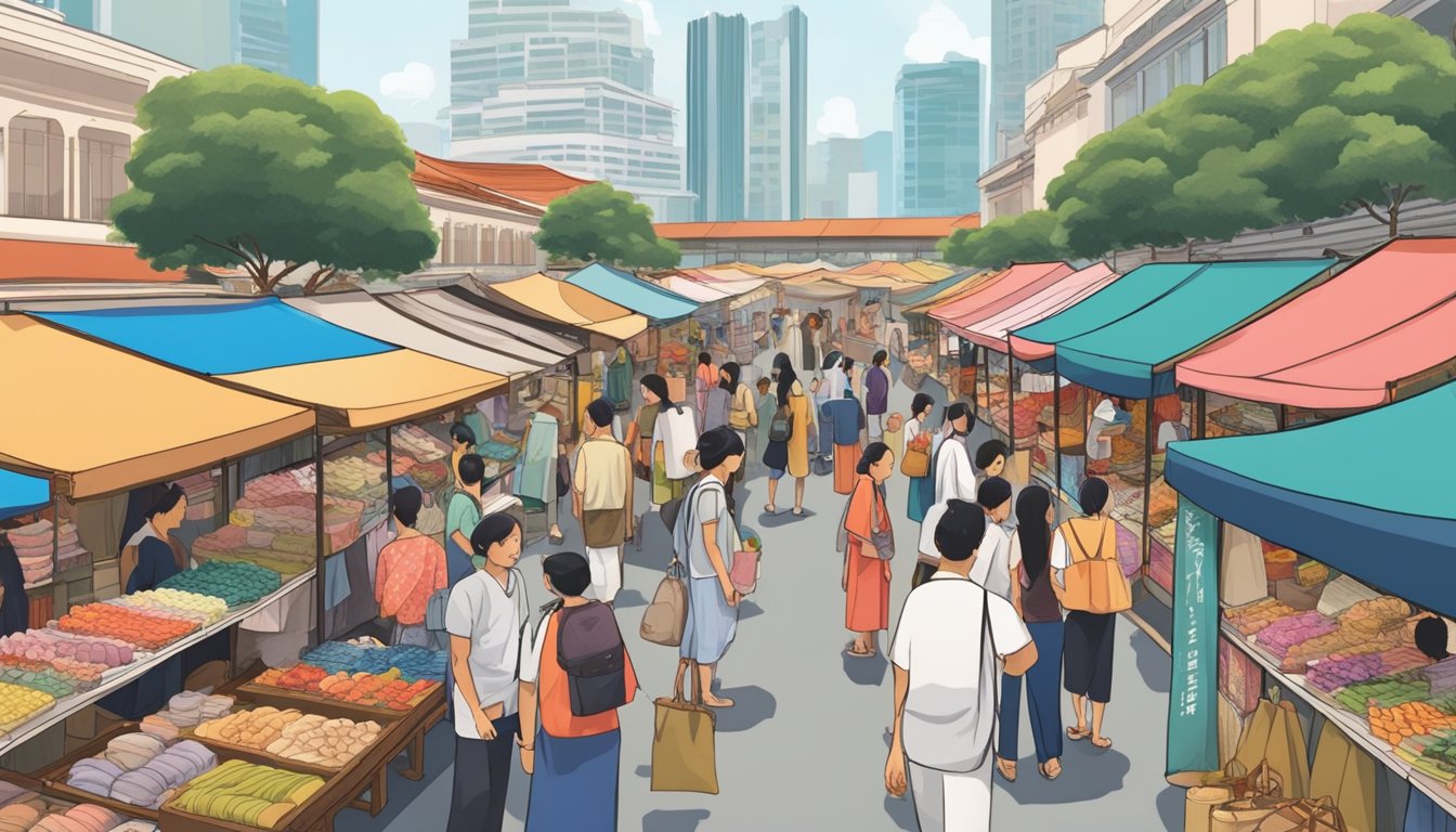 A bustling street market in Singapore, with colorful kimono displayed on racks and tables. Shoppers browse and ask vendors questions about the traditional garments