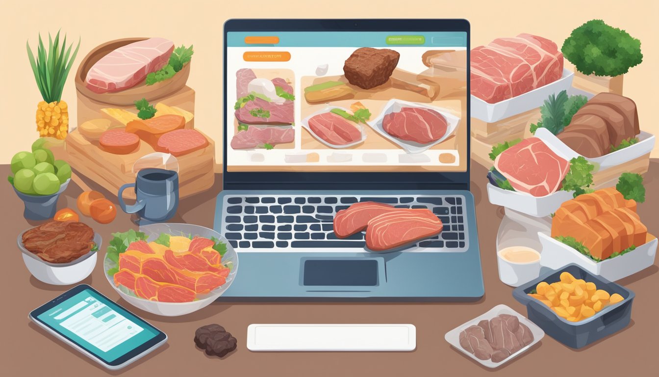 A laptop displaying a variety of fresh meats on an online shopping website, with a user adding items to their virtual cart and selecting delivery options