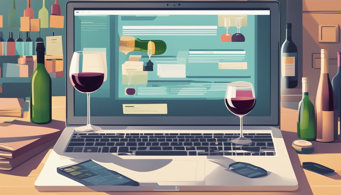A laptop open to a webpage with a list of frequently asked questions about buying wine online, surrounded by wine bottles and glasses