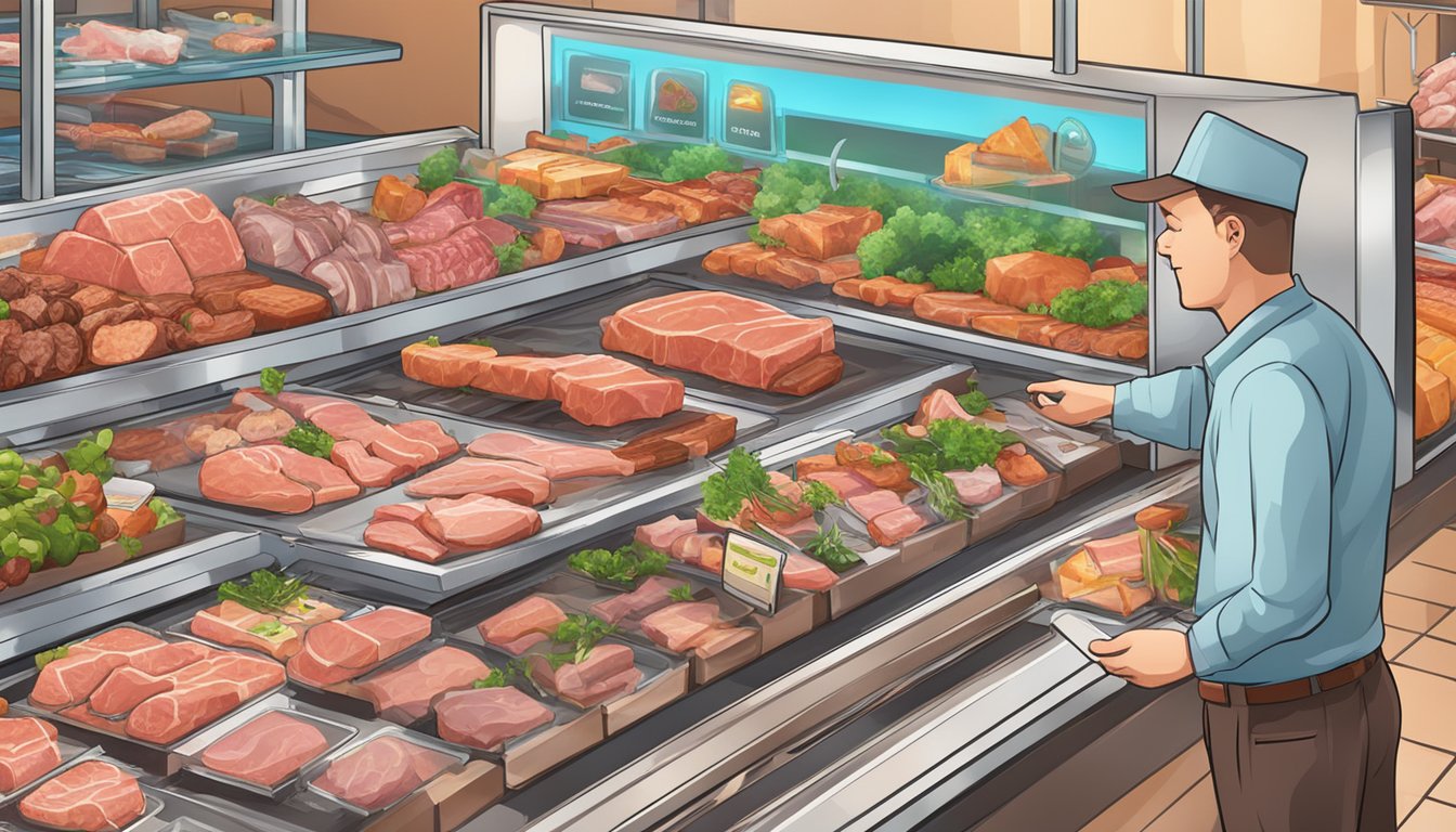 A computer screen displays a variety of fresh meats for sale. A cursor hovers over the "add to cart" button