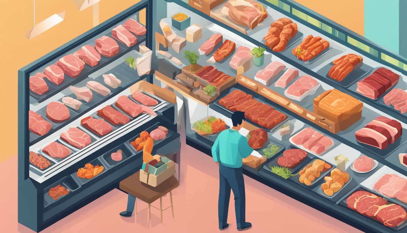 Customers browsing online meat options, with various cuts and types displayed. A FAQ section provides information for easy navigation