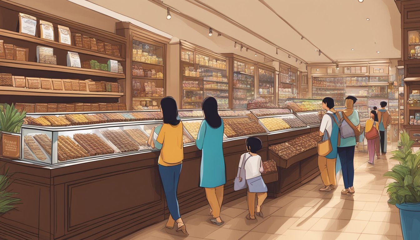 A bustling chocolate shop in Singapore displays shelves of Cacao Barry chocolate bars, with customers browsing and making purchases