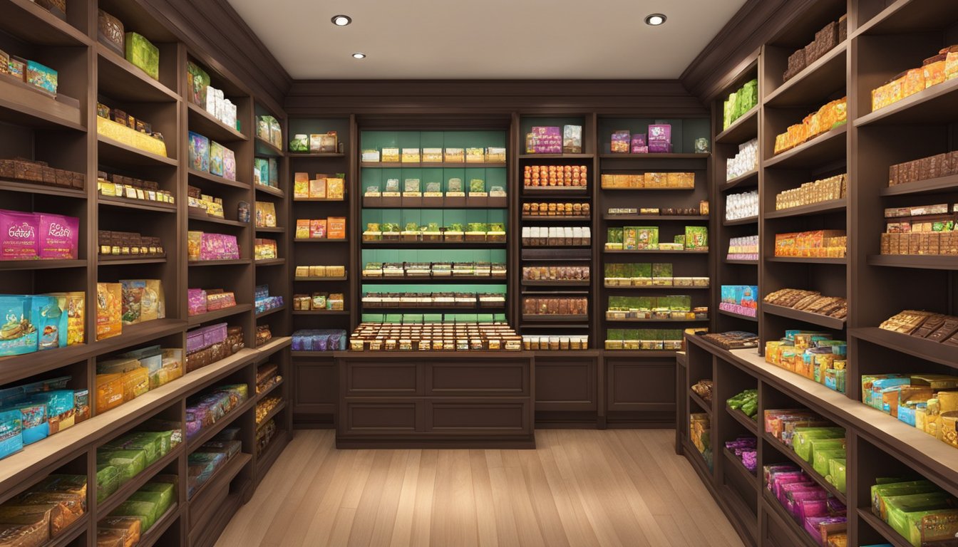 A display of Cacao Barry chocolate bars and products in a specialty store in Singapore, with shelves neatly organized and well-lit to showcase the variety of options available for purchase