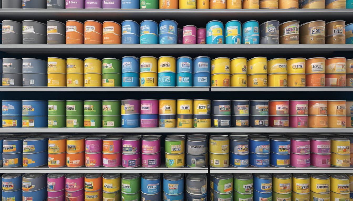 Jotun paint cans stacked neatly on shelves in a brightly lit store in Singapore. Brand logos and color swatches displayed prominently