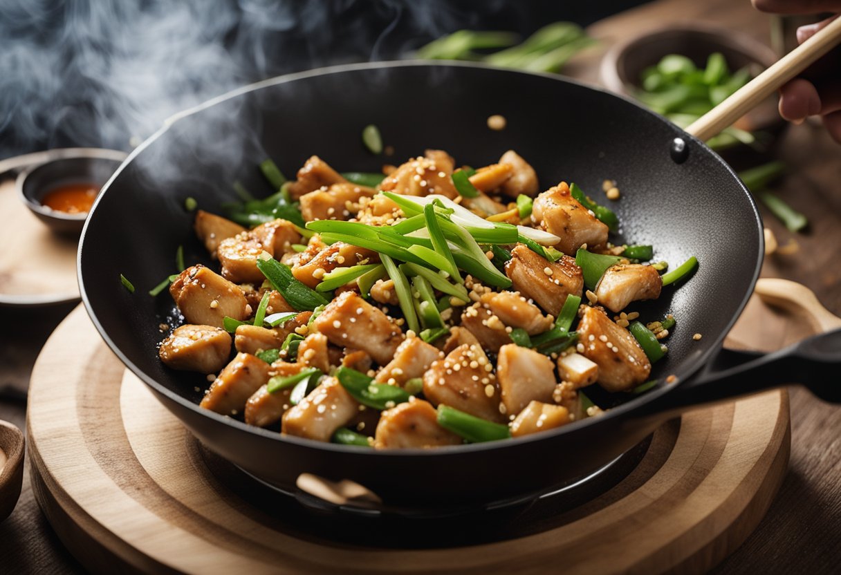 A wok sizzles with marinated chicken, ginger, and garlic, as a chef adds soy sauce and sesame oil. Green onions and sesame seeds garnish the dish