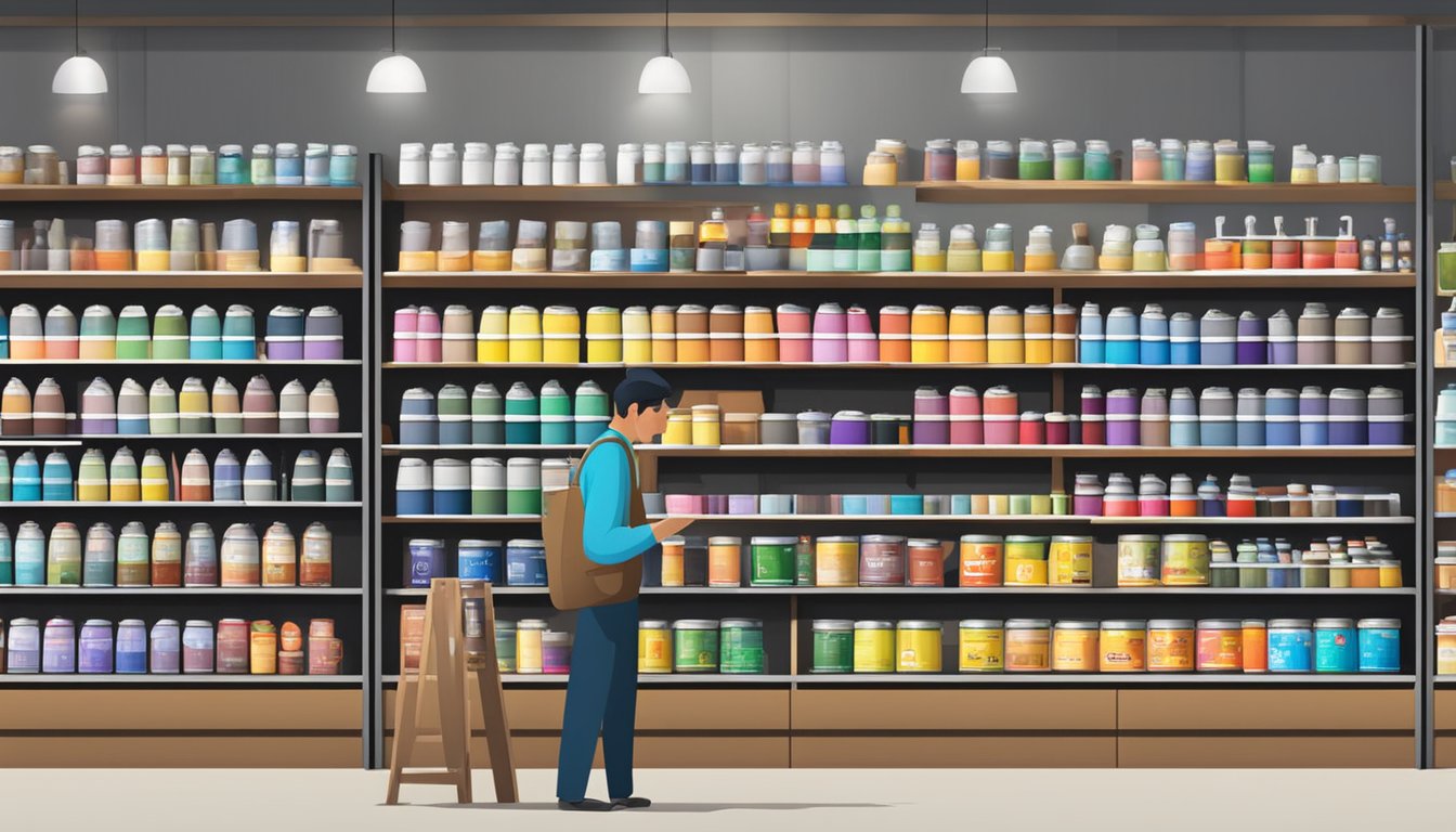 A store sign reads "Jotun Paint for Sale" in Singapore. Shelves display various paint cans and color swatches. Customers browse the selection