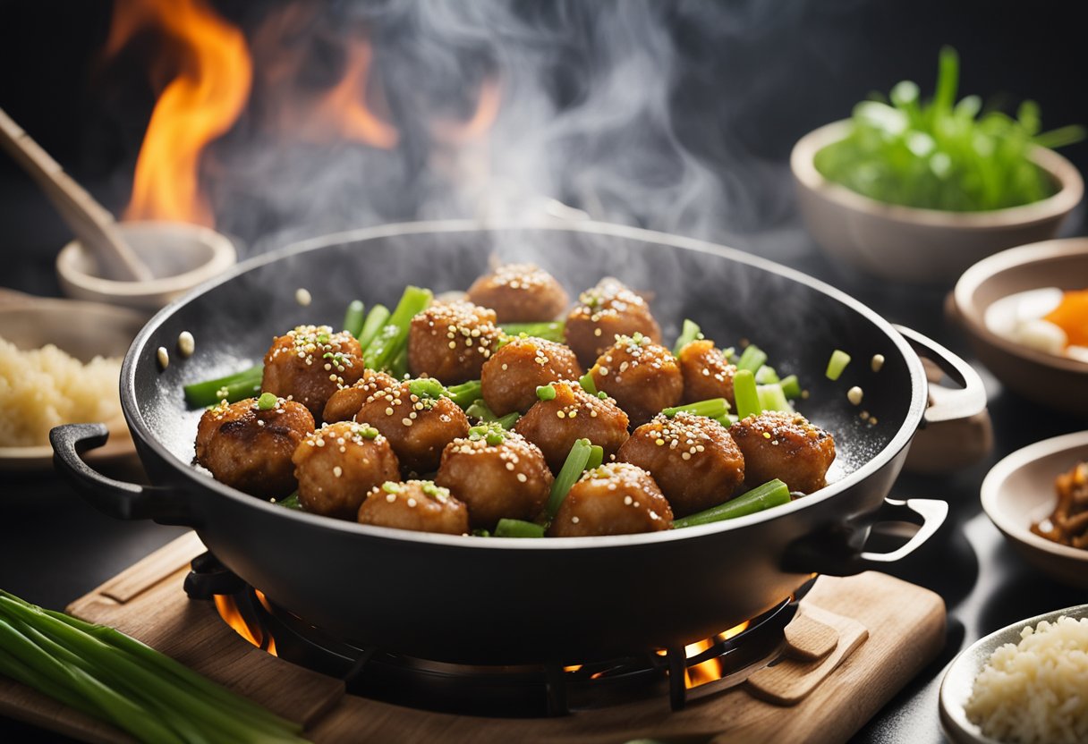 A wok sizzles as pork balls are fried in soy sauce, ginger, and garlic. Green onions and sesame seeds garnish the dish