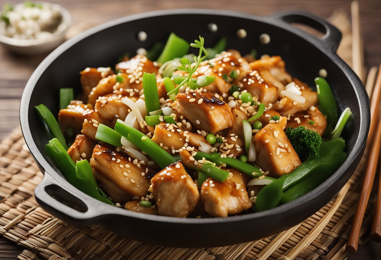 A steaming wok sizzles with marinated chicken, ginger, and soy sauce. Green onions and sesame seeds garnish the dish