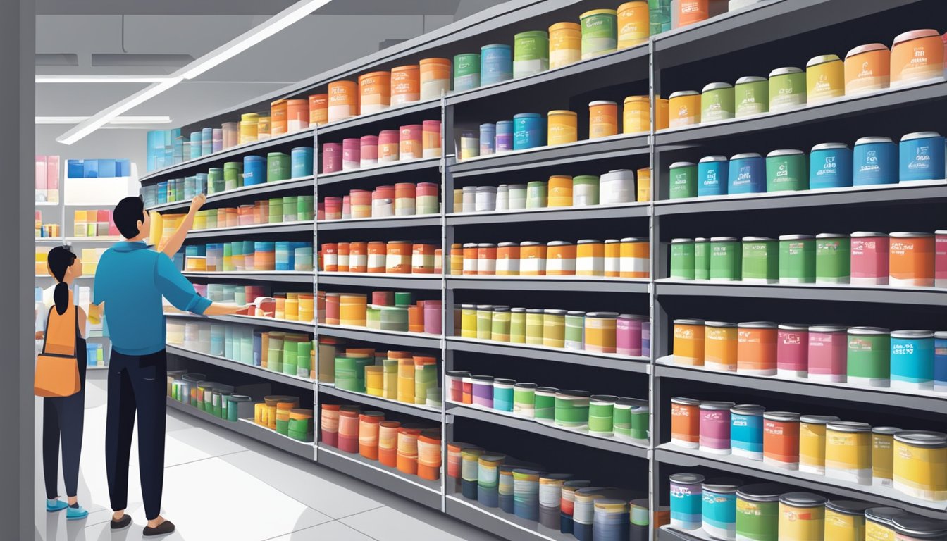 A bustling paint store in Singapore, shelves lined with colorful Jotun paint cans. Customers browsing, asking staff questions. Bright, clean, and inviting atmosphere