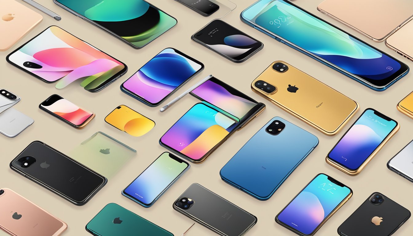 An array of iPhones displayed on a sleek, minimalist table with varying models and colors, each showcasing their distinct features and design