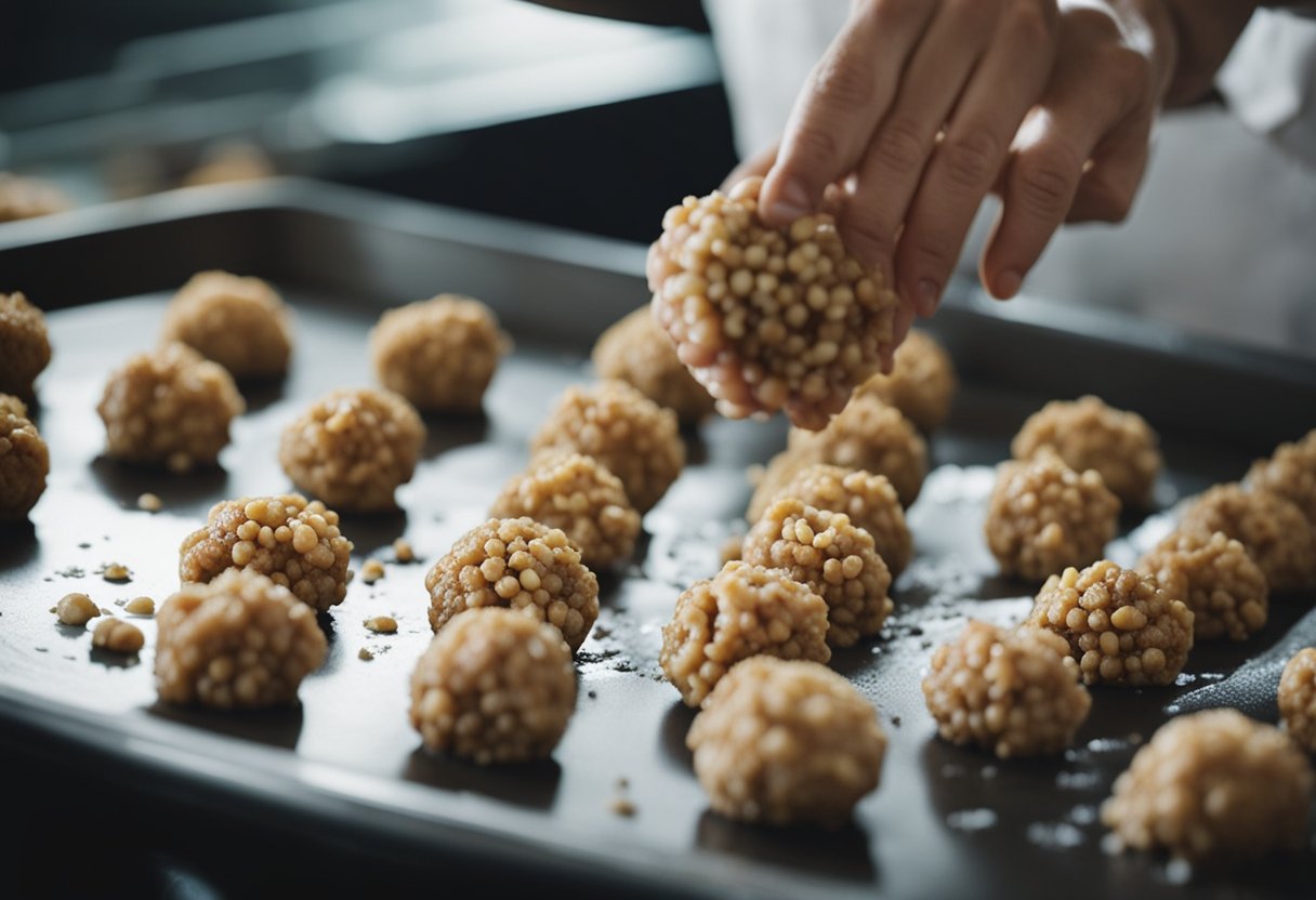 A chef mixes ground pork, ginger, garlic, and soy sauce in a bowl. They then roll the mixture into small balls and place them on a baking sheet