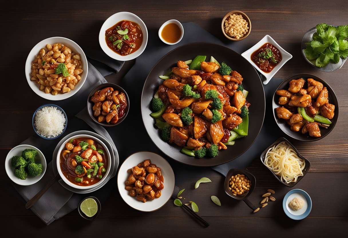 A table set with various traditional Chinese chicken dishes, including kung pao chicken, General Tso's chicken, and sweet and sour chicken