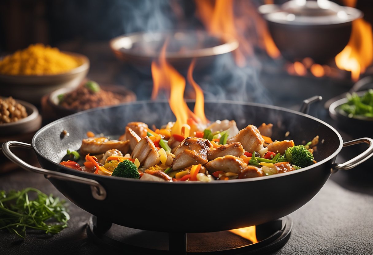 A wok sizzles over a flame, filled with marinated chicken pieces and a colorful array of traditional Chinese sauces and seasonings. The aroma of ginger, garlic, and soy fills the air as the ingredients sizzle and blend together