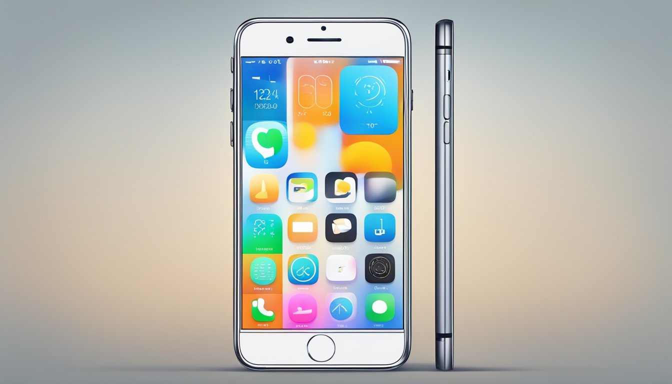 A sleek iPhone with advanced features and cutting-edge technology, surrounded by technical specifications and innovative design elements