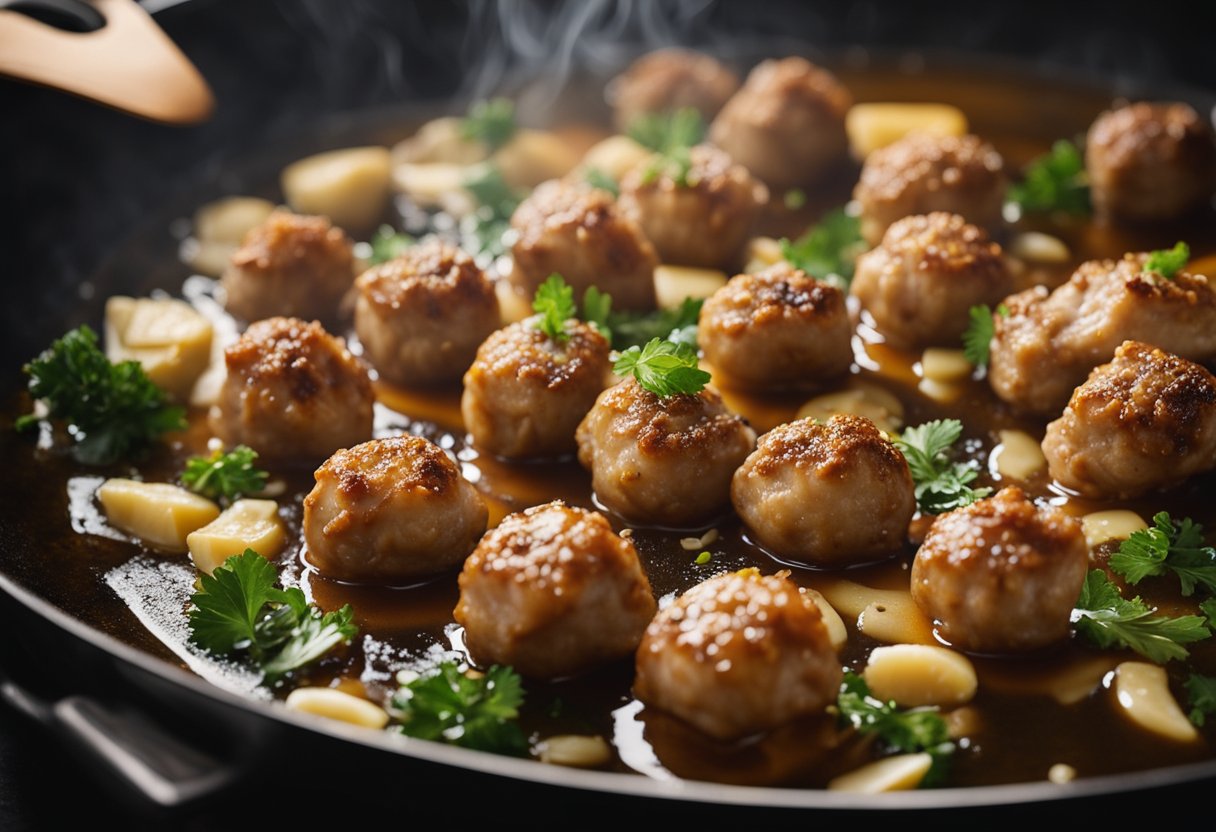 Pork balls sizzle in hot oil. Chef seasons with soy sauce. Ginger and garlic aromas fill the kitchen