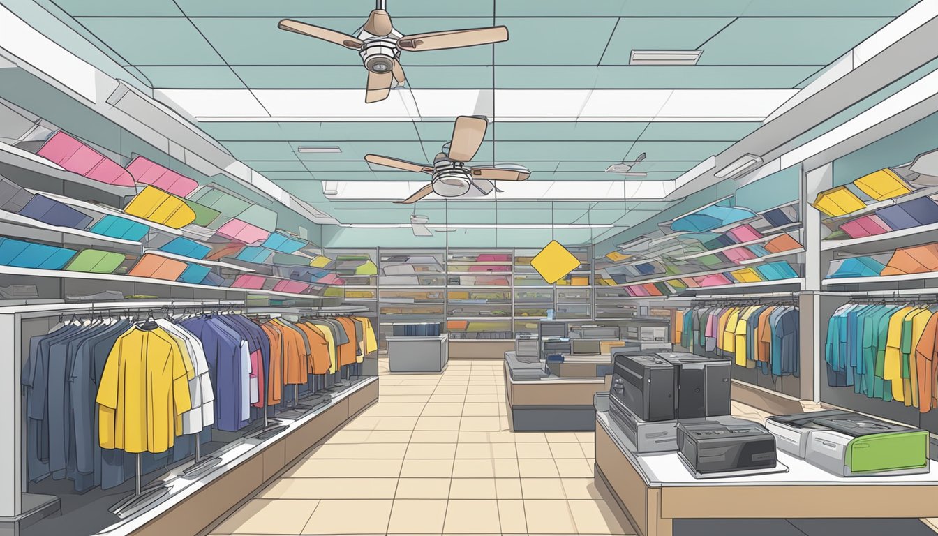 A crowded electronics store displays various ceiling fans at discounted prices in Singapore