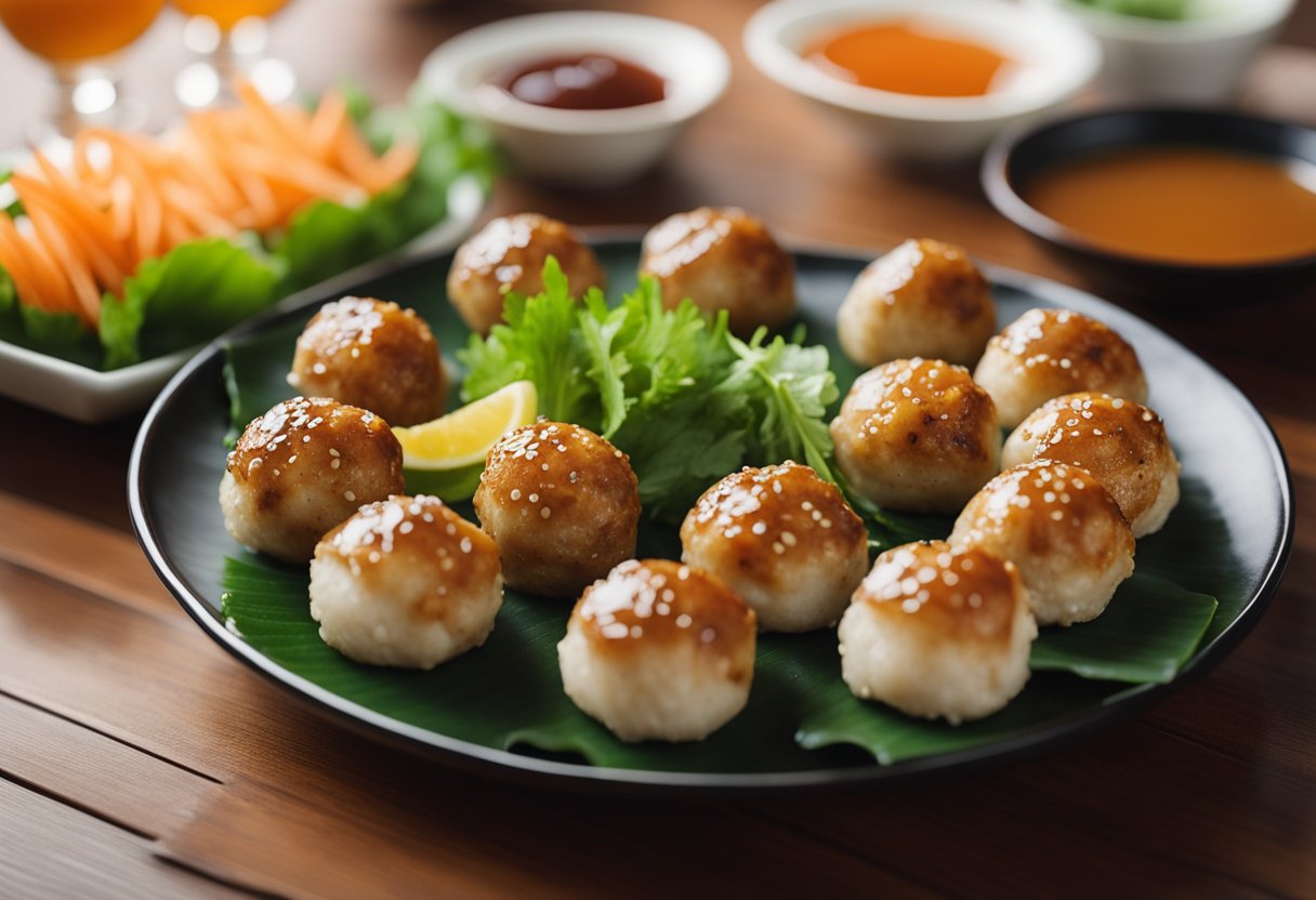 Chinese pork balls arranged on a decorative platter with garnishes and dipping sauce