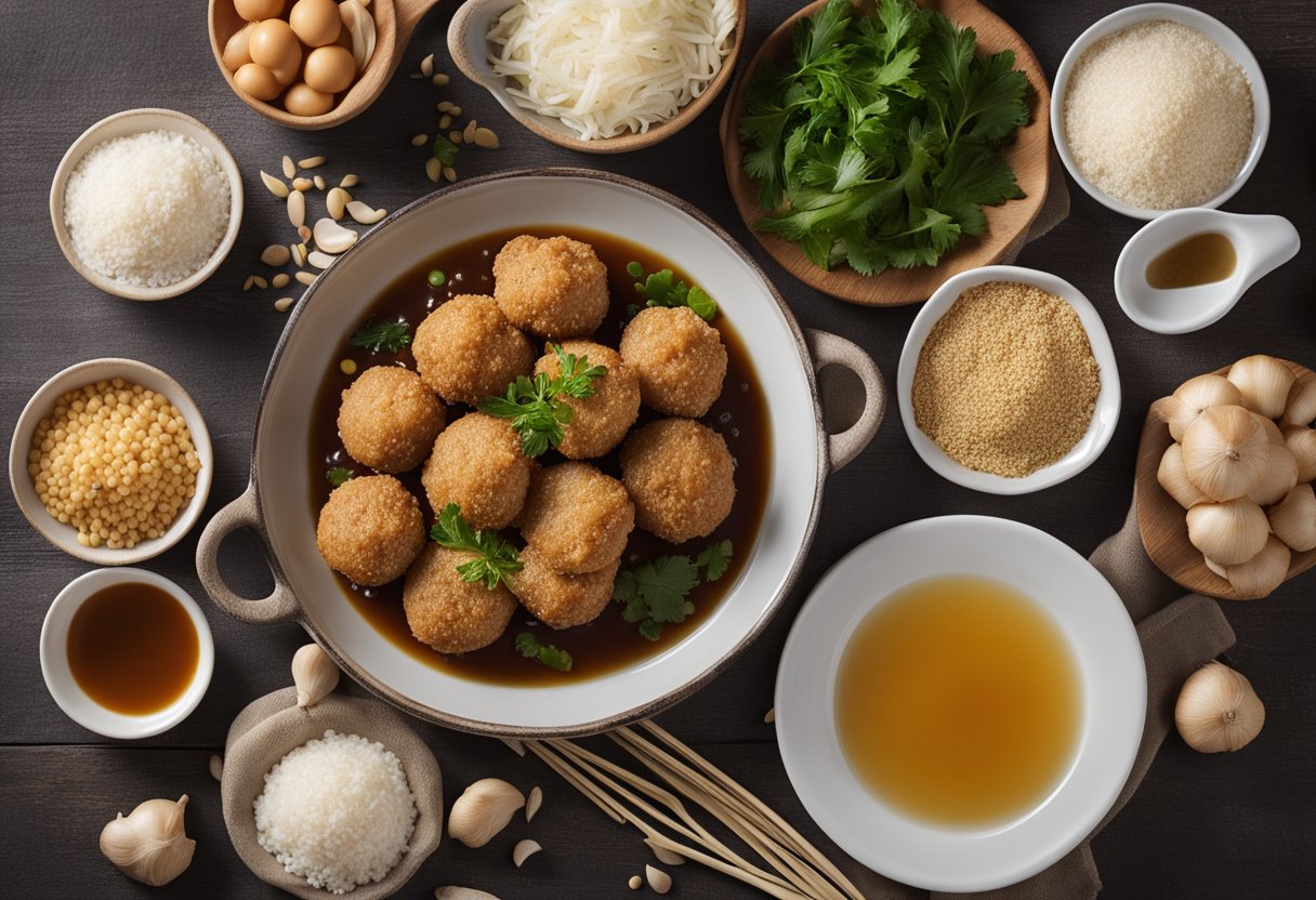 A table with ingredients: pork, ginger, soy sauce, garlic, and breadcrumbs. A mixing bowl and spoon. A recipe book open to "Chinese Pork Balls"
