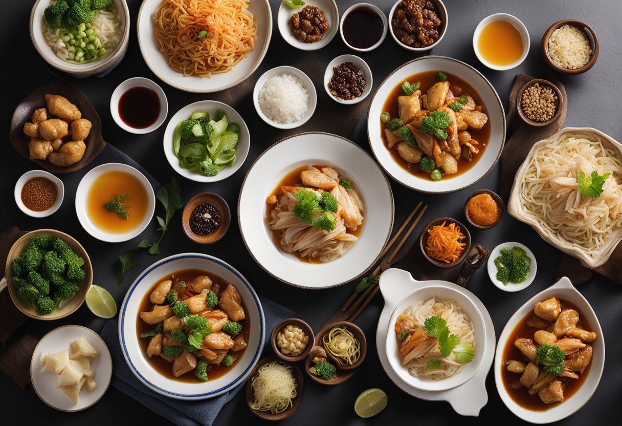 A table filled with traditional Chinese chicken dishes, showcasing a variety of colors, textures, and ingredients, highlighting the nutritional aspects of the recipes