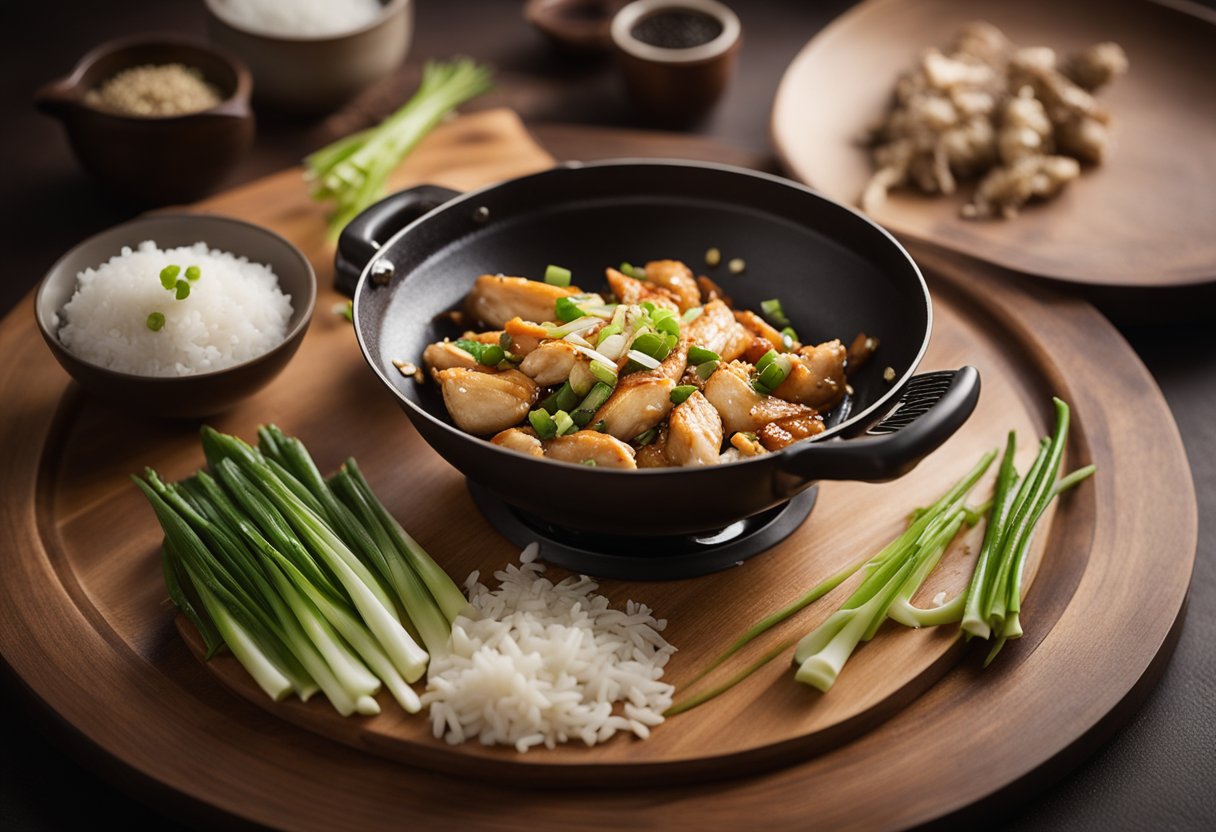 A wok sizzles with marinated chicken, surrounded by ginger, garlic, and scallions. A steaming pot of fragrant rice sits nearby, ready to be served alongside the savory dish