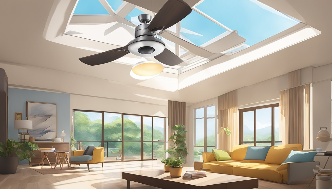 A ceiling fan hangs from a high ceiling in a spacious room. Sunlight streams in through the windows, illuminating the various options on display at a home improvement store in Singapore