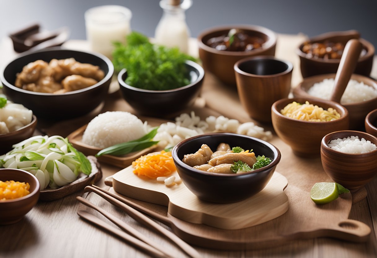A table filled with traditional Chinese ingredients and cooking utensils, with a recipe book open to a page titled "Frequently Asked Questions traditional Chinese chicken recipes."