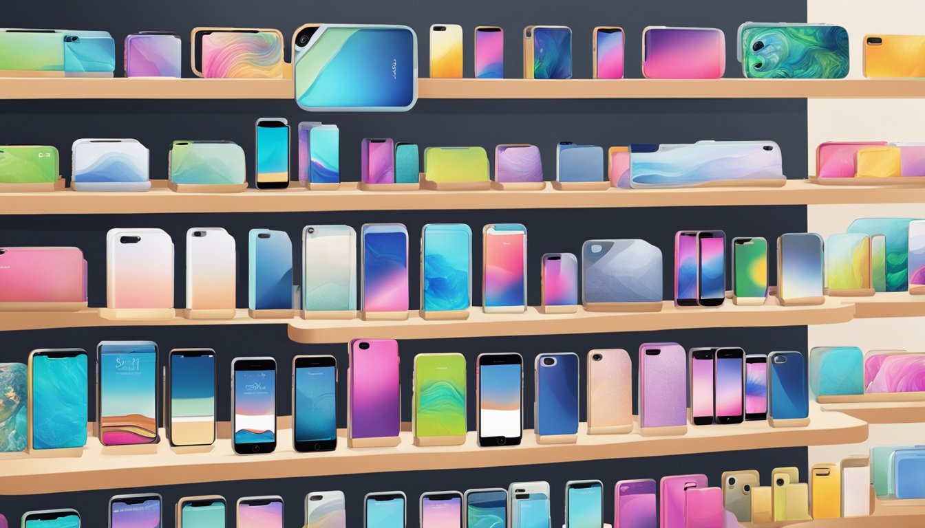 A bustling electronic store in Singapore showcases a variety of iPhone cases on sleek, modern display shelves
