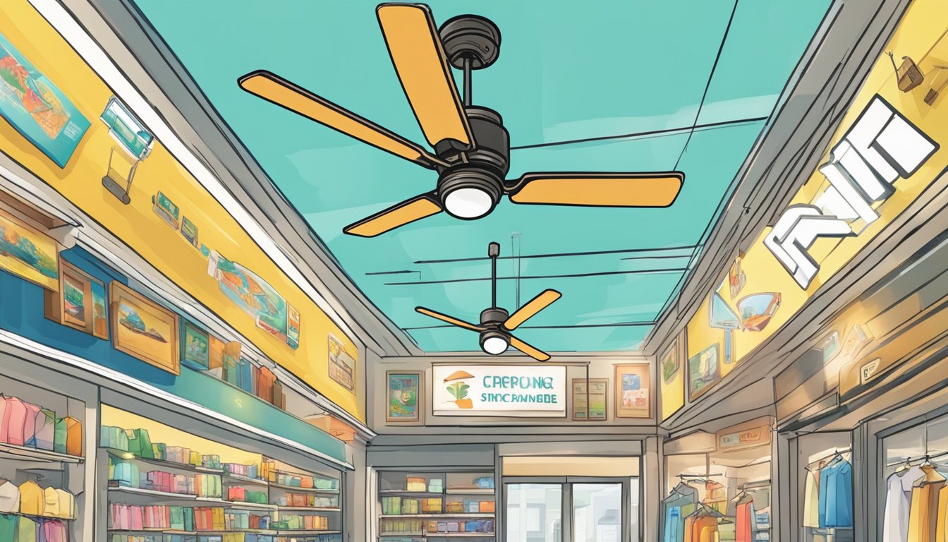 A ceiling fan spinning above a store sign in Singapore. Customers browsing for affordable options