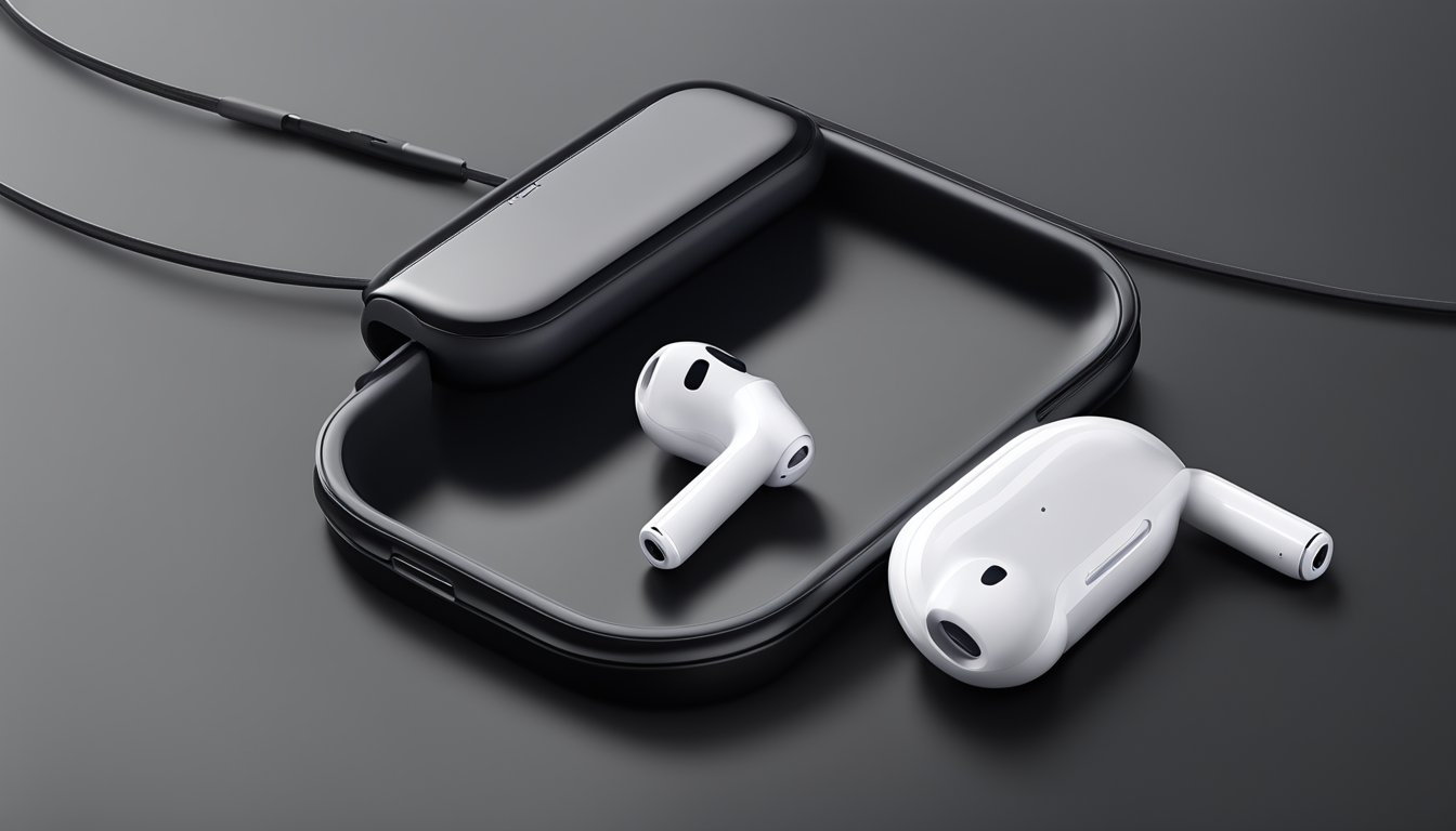 An AirPods strap is attached to the charging case, lying on a sleek black surface with a Best Buy logo in the background