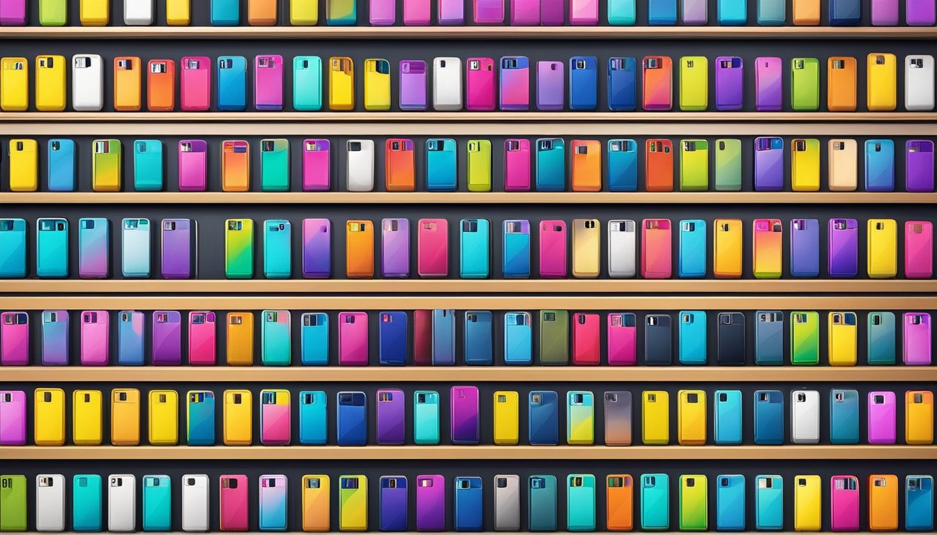 An array of colorful iPhone cases displayed neatly on shelves in a modern electronics store in Singapore. Bright lighting highlights the sleek designs and variety of options available for purchase