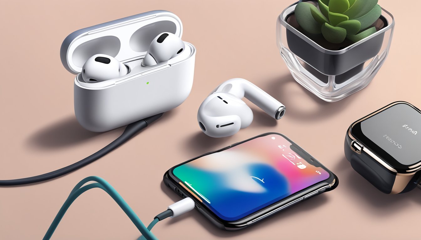 AirPods attached to a strap, connected to a phone. A charging case nearby. Table cluttered with tech accessories