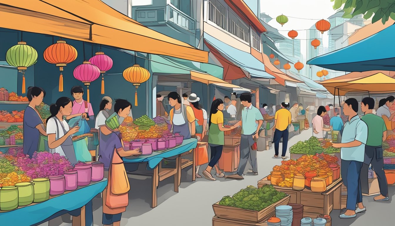 A bustling street market with colorful stalls selling Chinese teapots in Singapore. The vendors display a variety of traditional and modern designs, attracting customers with their vibrant and intricate patterns